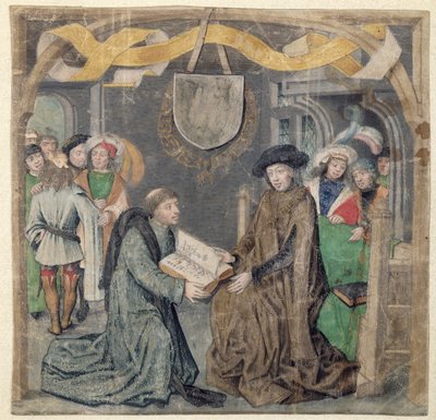 De presentatie van een boek aan een heer door Master of the St. Bartholomew Altarpiece